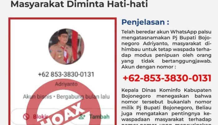 Beredar Akun WhatsApp Palsu Mengatasnamakan Pj Bupati Bojonegoro, Warga Diminta Waspada