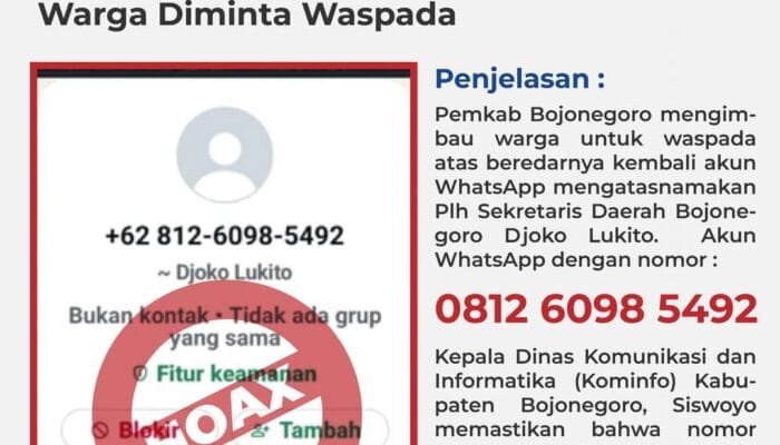 Beredar Akun WhatsApp Palsu Mengatasnakaman Plh Sekda Bojonegoro, Warga Diminta Waspada