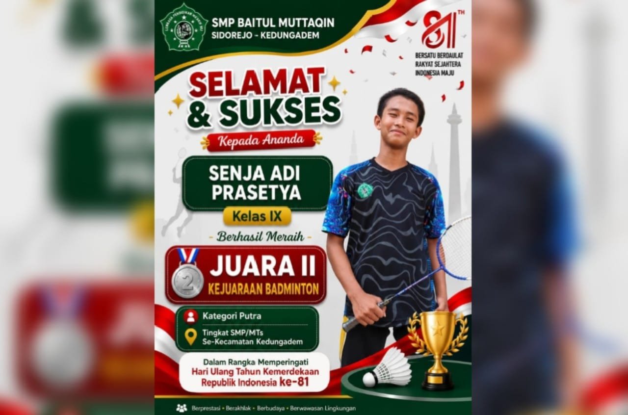 Siswa SMP Baitul Muttaqin Kedungadem Bojonegoro Cetak Prestasi, Senja Adi Juara II Badminton img 20260808 wa0069